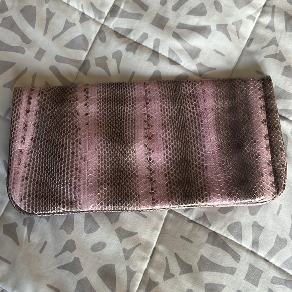 Beirn Striped Snakeskin Print Zipper Envelope Clutch Handbag Pink Large - Picture 2 of 7